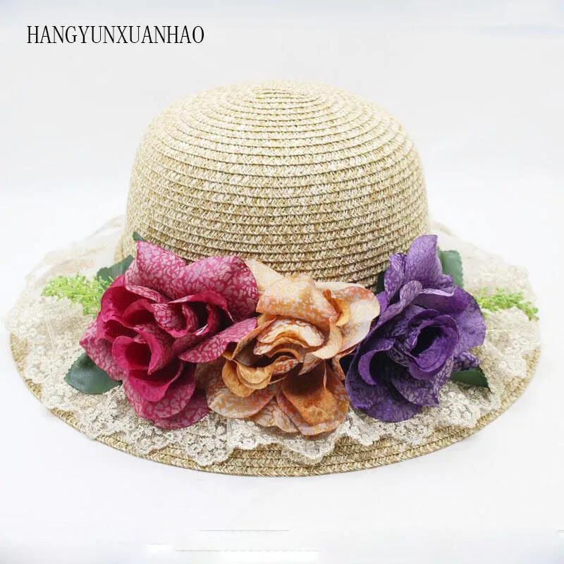 Повседневная летняя Высококачественная соломенная Солнцезащитная шляпа для женщин, чайные вечерние шляпы, женские цветочные кружевные пляжные кепки, солнцезащитный козырек, шляпа Трилби