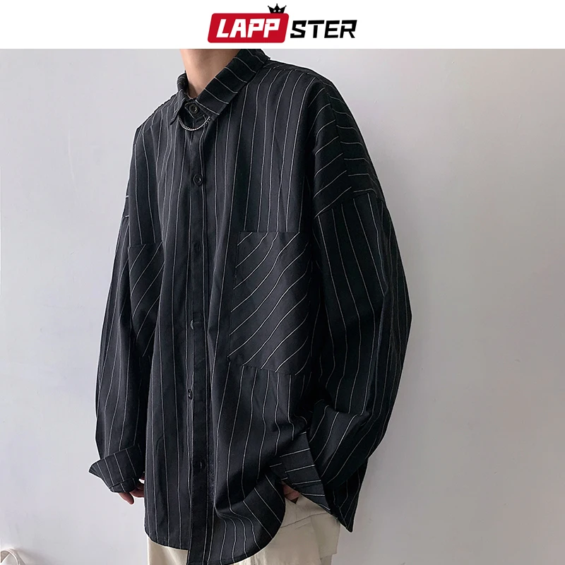 

LAPPSTER Men Stiped Shirts Streetwear Casual 2019 Man Black Oversized Shirts White Harajuku Vintage Long Sleeve Shirt For Men