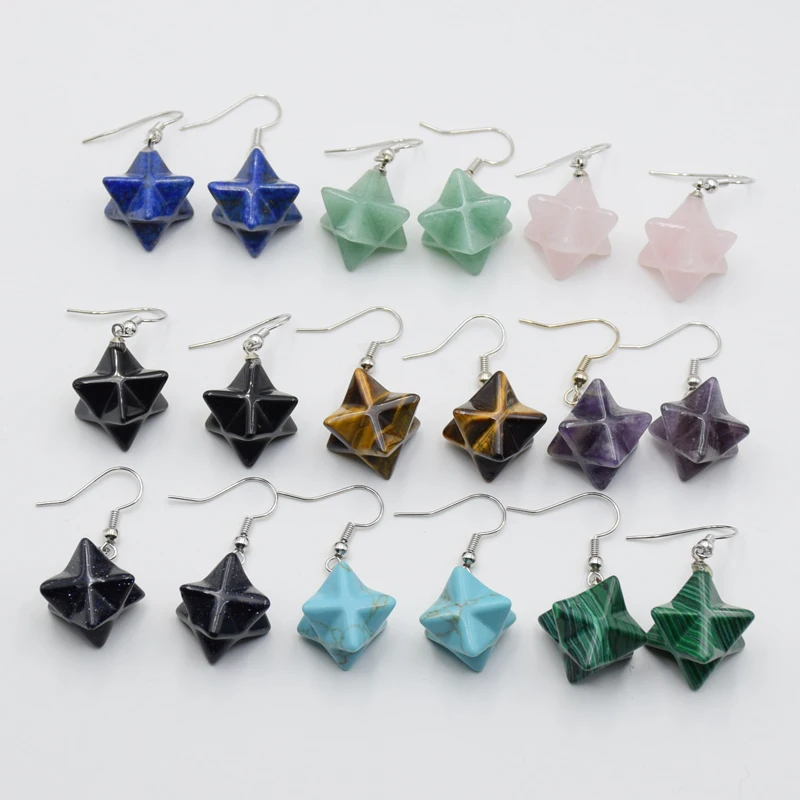

Girl Women's Fashion Eardrop Earrings Merkabah Star Reiki Stone Natural Amethysts Lapis Lazuli Opal Female Hook Dangle Earrings