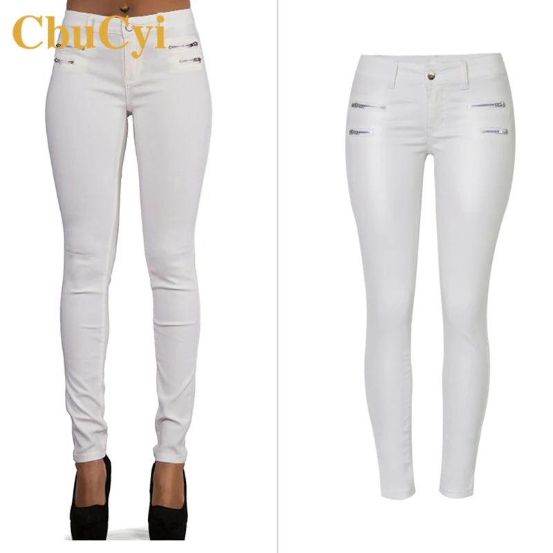 Kopen Cbucyi Mode Vrouwen Lage Taille Stretch Broek Dubbele Rits Pu Gecoat Kunstleer Moto Biker Broek Vrouwelijke Slanke Witte Denim broek