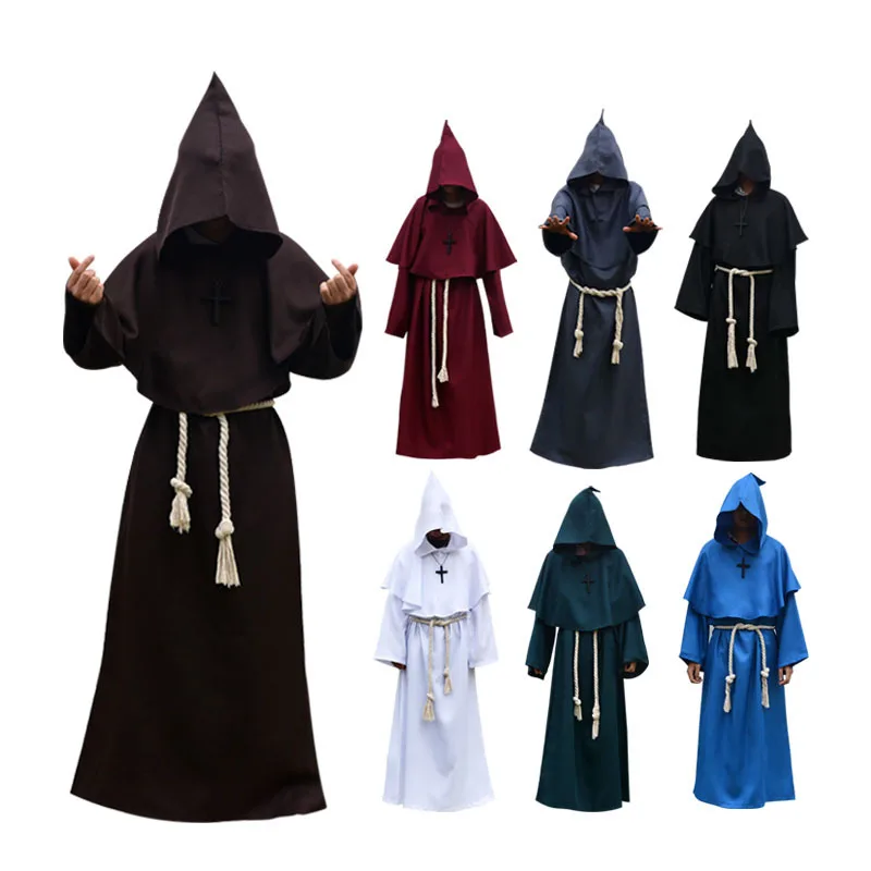 

2019 New Medieval Costume Men Women Vintage Renaissance Monk Cosplay Cowl Friar Priest Hooded Robe Rope Cloak Cape Clothing