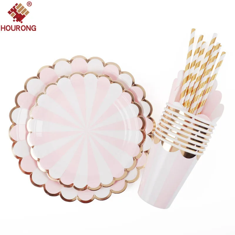 

Pink Stripe Tableware Set Paper Plates Cups Straws Napkins Birthday Party Cake Dishes with Gold Foil Baby Shower Wedding Decor