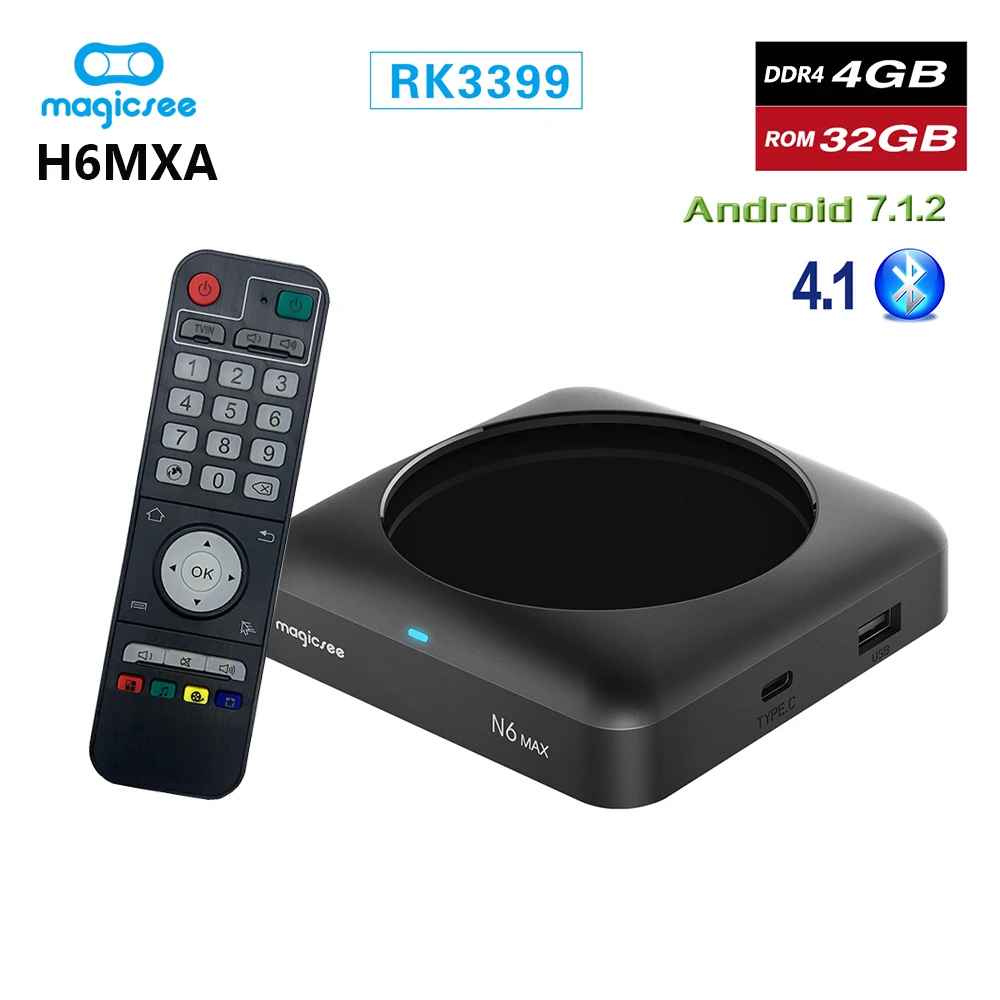 

MAGICSEE N6 MAX TV Box Android 7.1 DDR4 4GB RAM 32GB ROM RK3399 2.4G 5G WiFi 1000M LAN BL 4.1 4K HD Smart Set Top Box