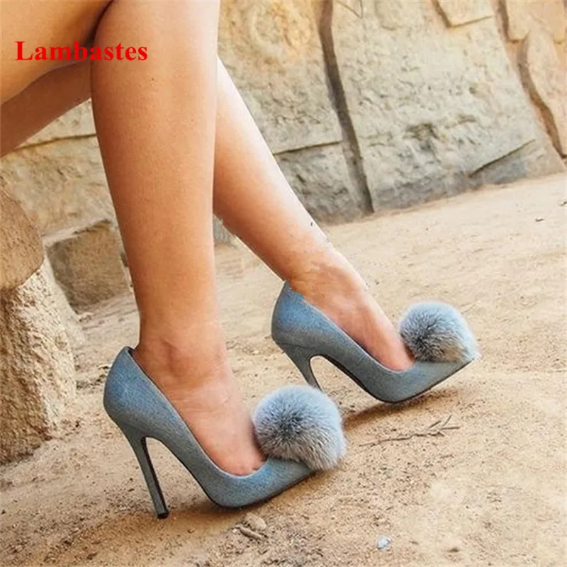 

2019 Shoes Women Hot Spring Blue Shallow Hairy Ball Designer Women Pumps Pointed Toe Slip On Thin High Heels Party Casual Shoes