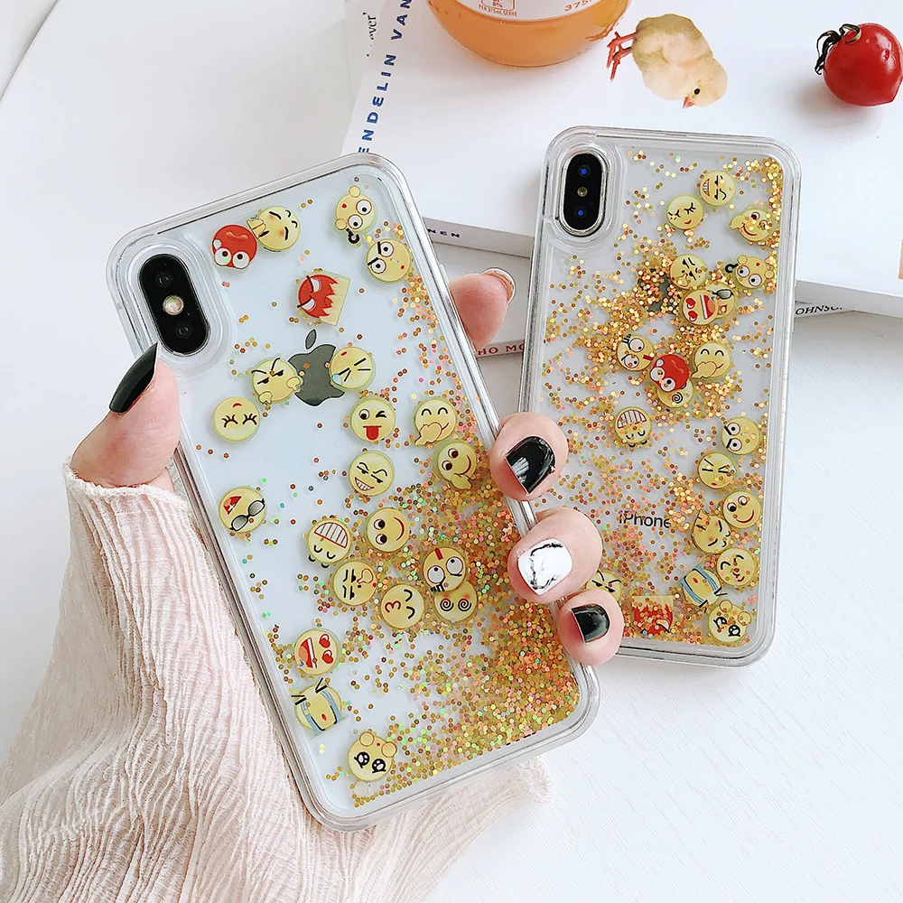 

Quicksand Emoticon Transparent phone case For iPhone 7 8 Plus 6 6s 6 Plus Dynamic Liquid Hard PC Case Cover For iPhone 7 Plus X
