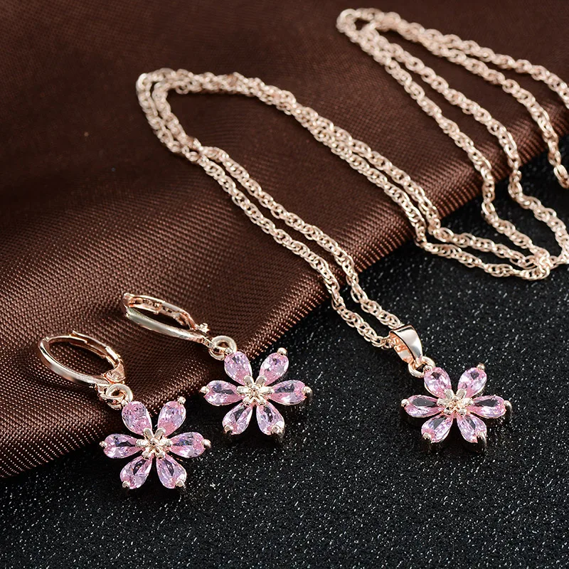

QCOOLJLY Best Selling Jewelry Sets Gold Color Austrian Crystal Unusual Striking Flower Pendant Necklace Earrings Sets Wholesale