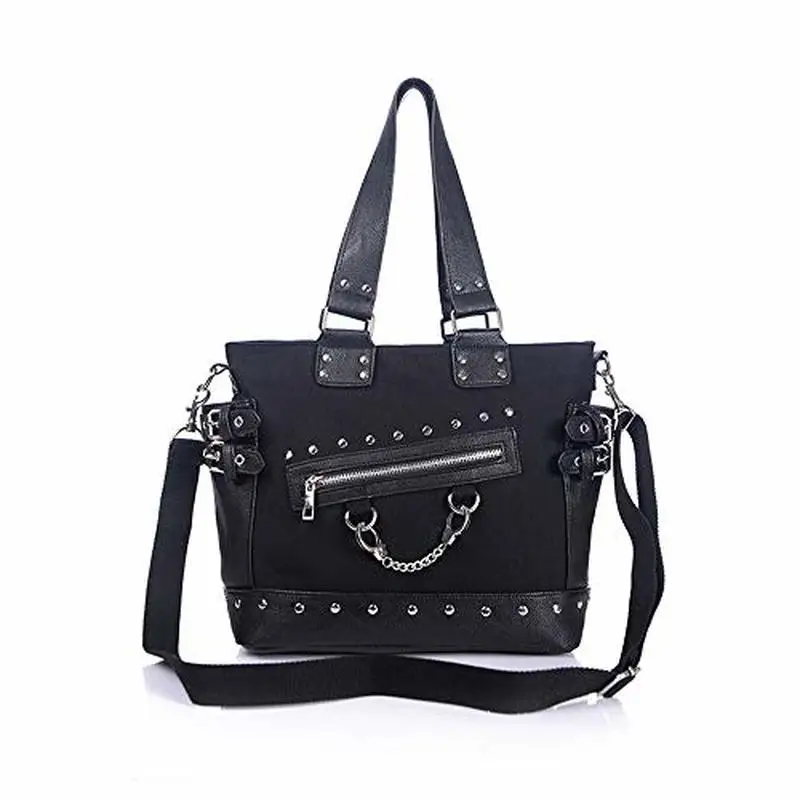 

FiveloveTwo Women Fashion Rivet Handbag Purse Canvas Punk Tote with Shoulder Strap Crossbody Bag Large Capacity Black