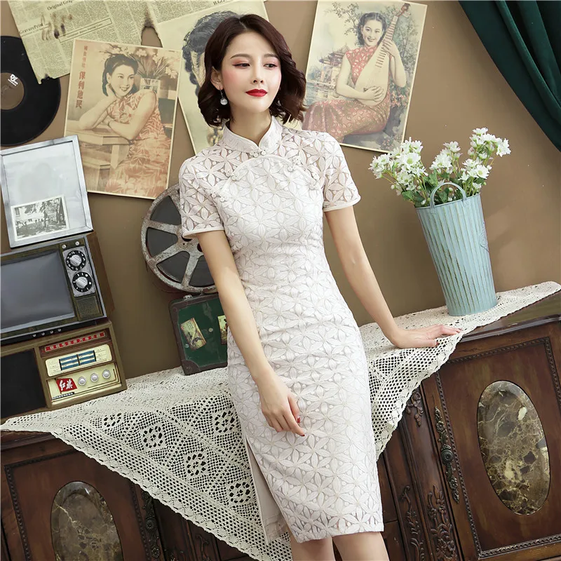 Модное белое традиционное китайское платье Qipao современное кружевное