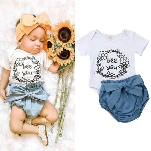 

Baby Girls 2pcs Clothes Romper T-shirts Tops+Solid Shorts Sunsuit Outfits Set