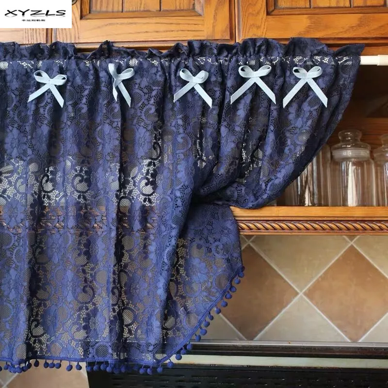

Short Curtain For Kitchen Door Half Curtains Vintage Blue Polyester Cotton Lace Hollow-Out Thin Cortinas Home Decor