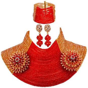 

Fashion 25 Layers Gold AB and Red Nigerian Wedding African Beads Jewelry Set Crystal 25R21