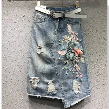 Повседневные 3D Цветы и вышивка юбки женские модные юбка с открытым бедром уличная шикарная Летняя джинсовая юбка