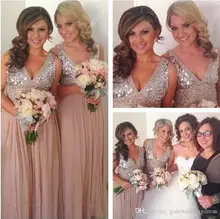 Gold Long Bridesmaid Dresses Sequined V Neck Floor Length Cheap Bridesmaid Gowns 2016 Prom Gown Wedding Party Dress C47