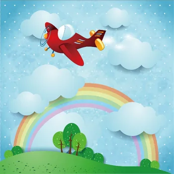 

Laeacco Rainbow Baby Cartoon Plane Cloudy Tree Grass Wallpaper Baby Portrait Photography Backgrounds Photo Backdrop Photo Studio