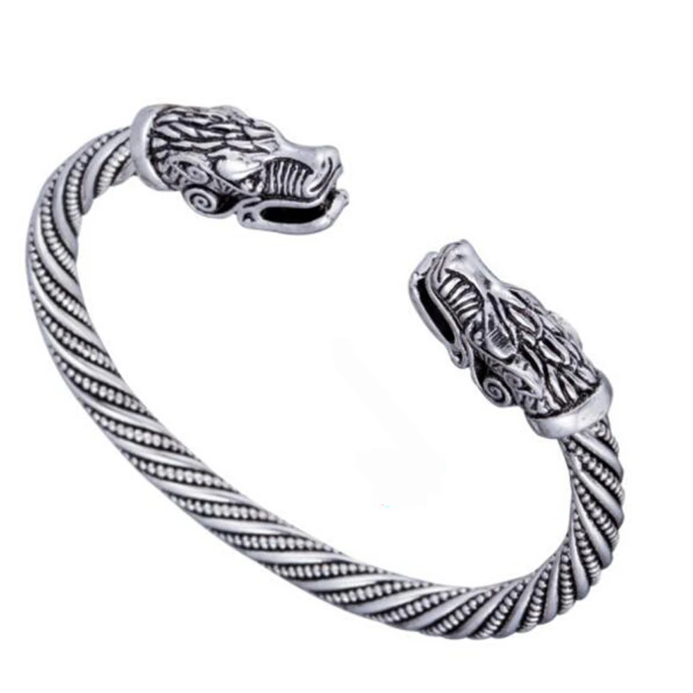 Silver Metal Wolf Head Male Bracelet Vintage Accessories Viking