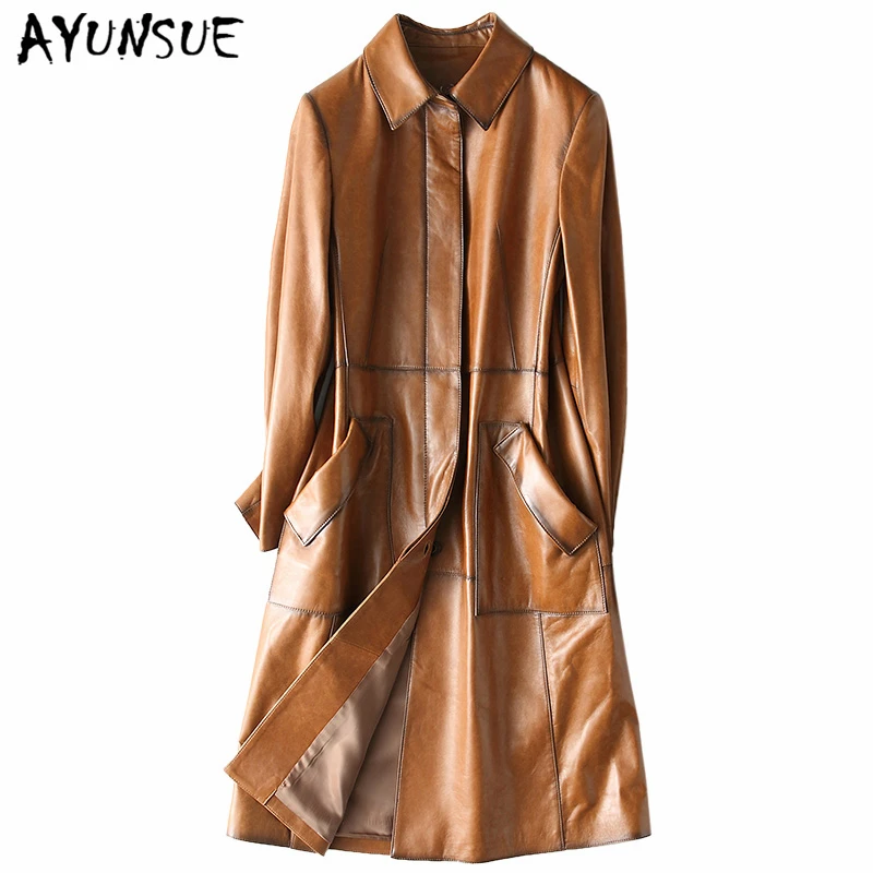 

AYUNSUE 2019 Genuine Leather Jacket Women Spring Autumn casual ladies Jackets Long Slim Real Sheepskin trench Coat Female 28217
