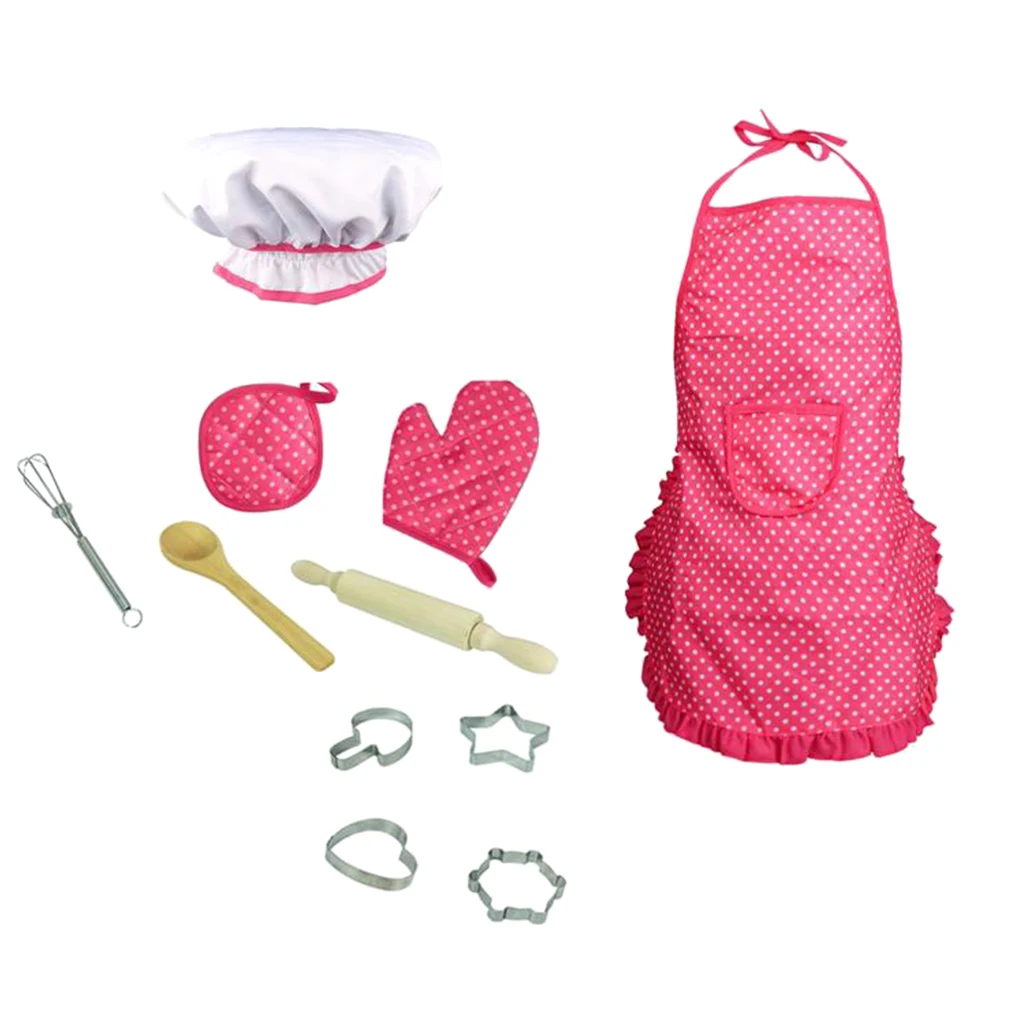 11pcs Kitchen Cooking Set Chef Apron Cap Glove Props, Whisk Cake Molds Tools Kit Toy Kids Development Educational Pretend Play