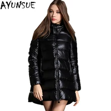 AYUNSUE, новинка, зимний теплый пуховик на утином пуху, Женская Европейская мода, тонкая, с капюшоном, для девушек, черные, Длинные парки, плащ, пальто LX2229
