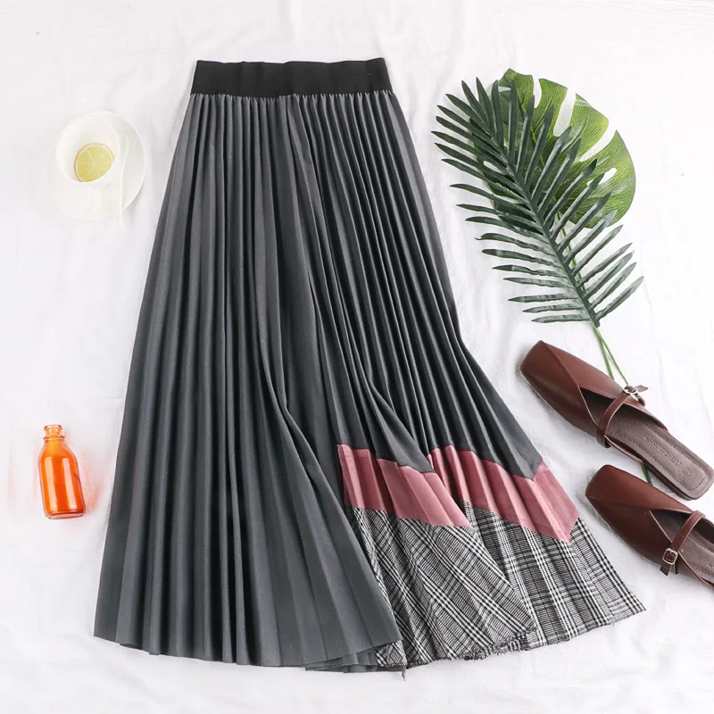 

Fall & Winter Ladies Splicing Velvet Pleated Long Skirt Women Fashion Personality High Waist Multi-color Flare Skirt Saias