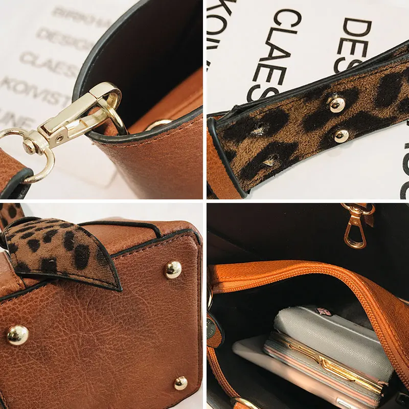 Женская мода Леопардовый принт пэтчворк PU сумки через плечо дамские большие вместительные сумки с заклепками сумки через плечо сумки-мессенджеры