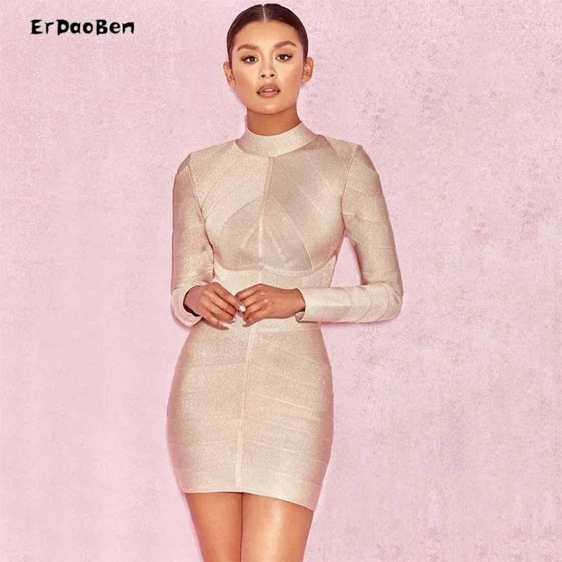 

ERDADOBEN Women's o-neck rayon long sleeve bandage club min dress for party H4338