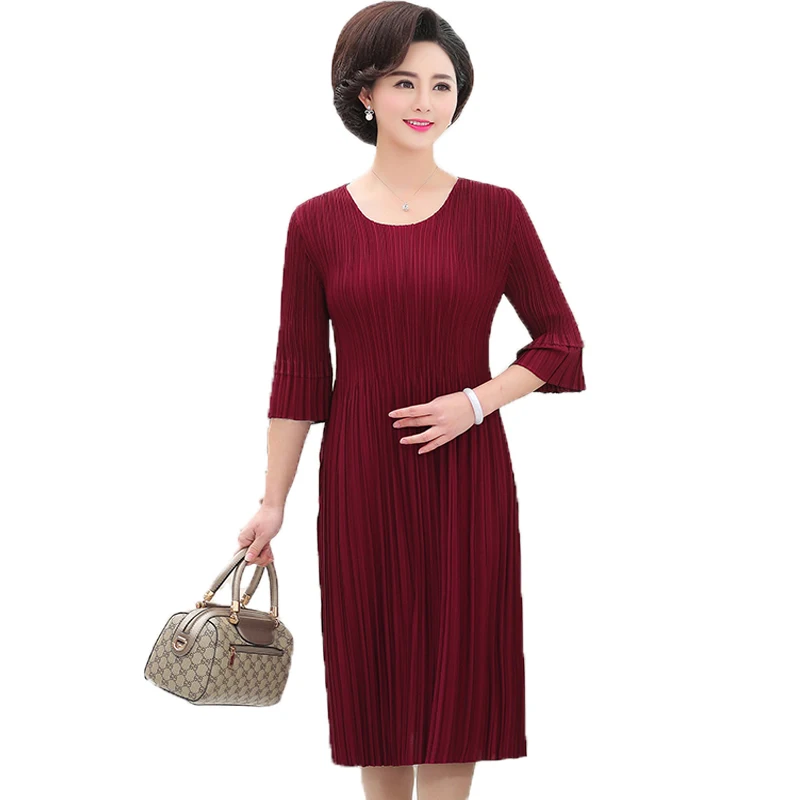 

Woman Elegant Dress Half Sleeve Pleats Design Dresses Women Red Blue Camel Black Green Vestidos Round Collar Knee Length Robe