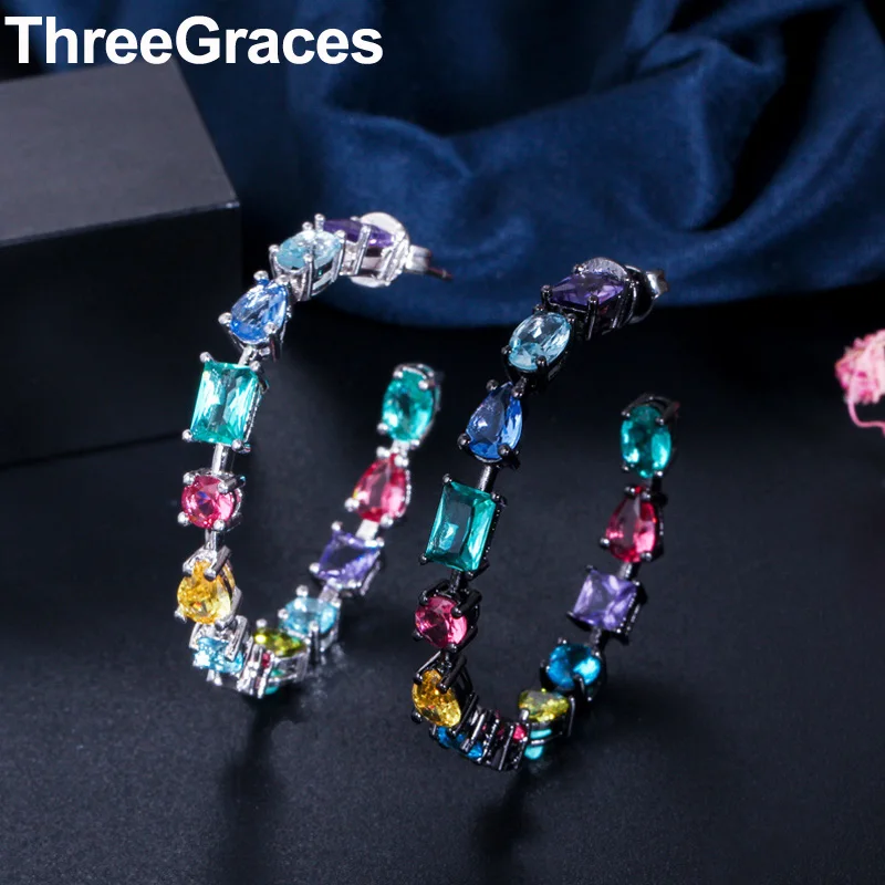 

ThreeGraces Unique Trendy Black Glod Cubic Zircon Crystal Silver Multicolor Big Circle Round Prom Hoop Earrings for Women ER318