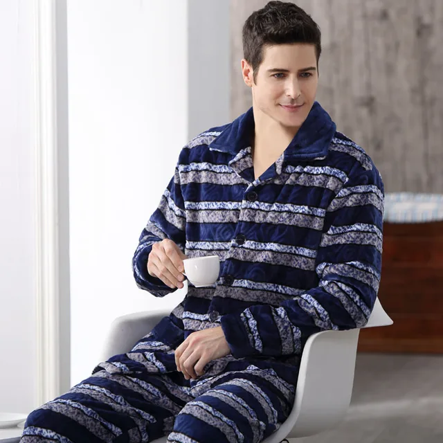 Winter Mens Warm Flannel Pajamas Long Sleeve Thick Fleece Sleep Lounge Set Male Soft Pyjama