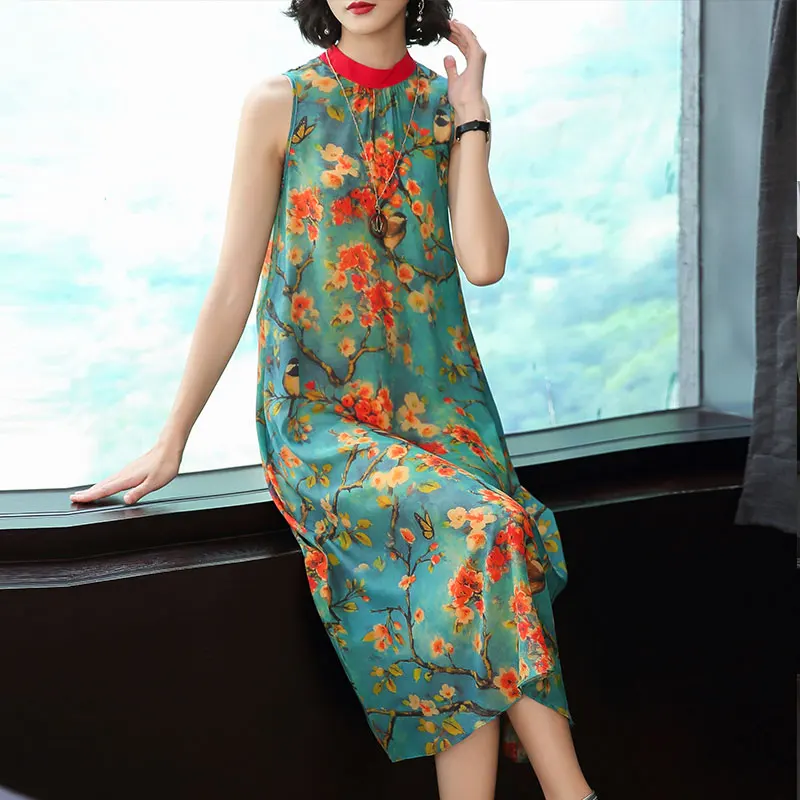 

Silk dress 2019 summer new mulberry retro print women's dress fashion slim sexy party vestidos high quality elegant Dresses