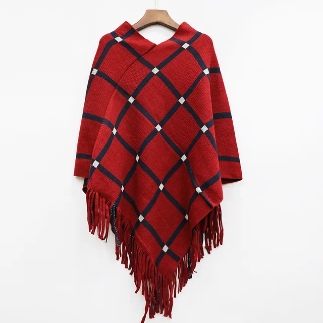 Reviews  Autumn Winter Bat Sleeve Plaid Cloak Coat Fashion Loose Asymmetric Hem Cape Coats V-neck ponchos and capes femme Outwear