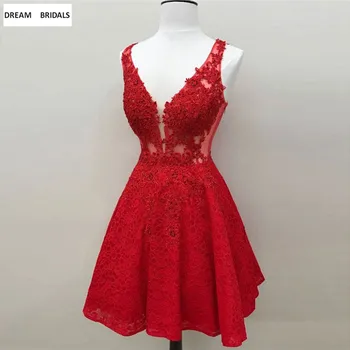 Sexy Deep V-Neck Cocktail Party Dresses Red Beading Lace Vestidos Coctel 2019 Knee-Length Sweetheart Vestido Cocktal Sexy Deep V-Neck Cocktail Party Dresses Red Beading Lace Vestidos Coctel 2019 Knee-Length Sweetheart Vestido Cocktal