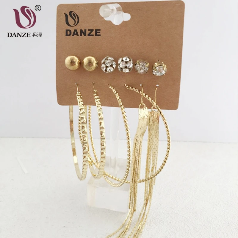 

DANZE 6 Pair/lot Fashion Big Circle Hoop Earrings Set for Women Elegant Pattern Crystal Stud Long Tassel Pendant Jewelry