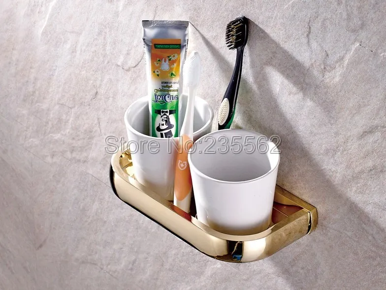 Новый золотой Цвет латунь настенные Зубная щётка держатели с Керамика Чашки комплект/Аксессуары для ванной комнаты lba846