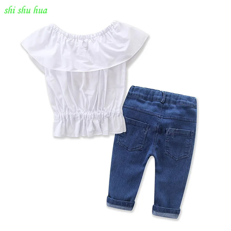 

Girl Clothes Cotton New Big Round Neck White T-shirt Jeans Fashion Two-piece Baby 1-6 Y Children Quality Clothing 2019 Hot Sale