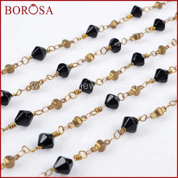 

BOROSA 5 meters/lot Gold Color Or Silver Plated Black Natural Stone Quartz Facted Beaded Chains JT078