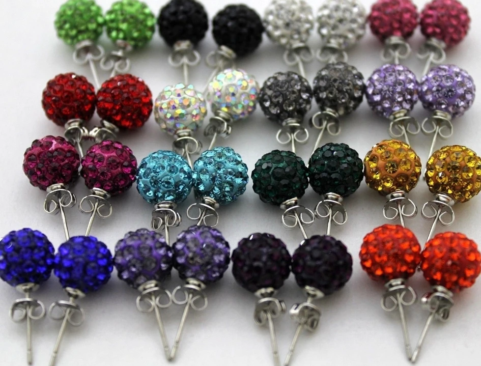 20pair/lot 10mm disco ball bead mixed white multicolor stainless steel Crystal Beads stud earrings silver plated l4545|Stud Earrings| - AliExpress