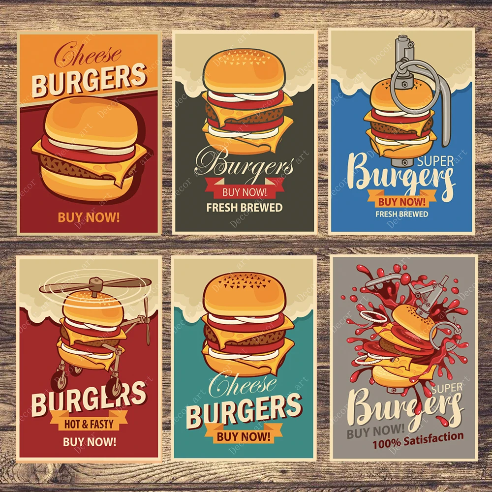 

Hamburger Advertisement Ads Canvas Painting Vintage Wall Pictures Kraft Poster Coated Wall Stickers Home Decoration Gift