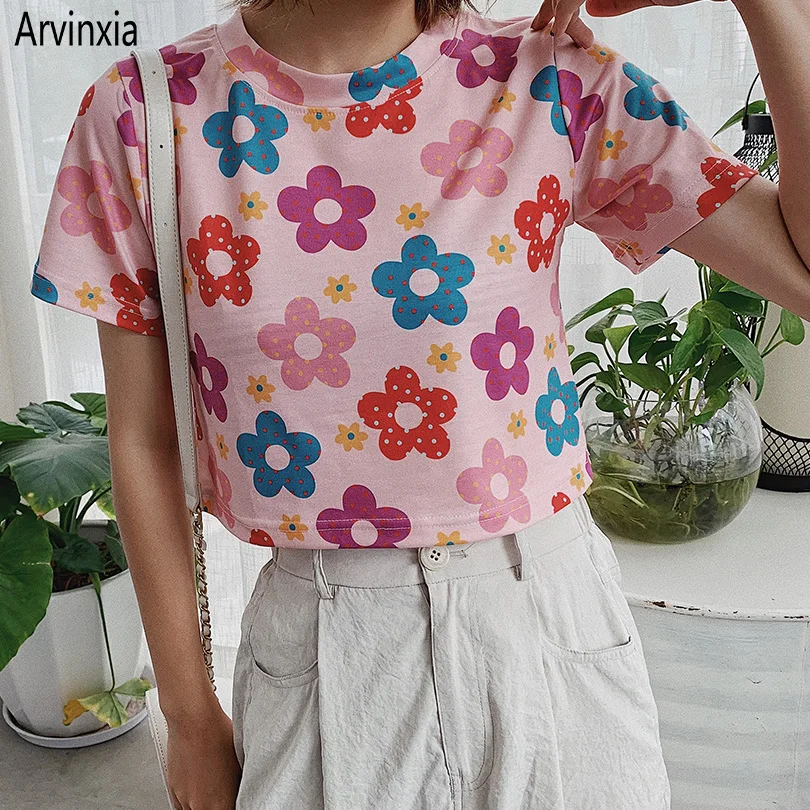 

Arvinxia Casual Floral Printed O Neck Kawaii Woman Tshirts New High Waist Lady Tee Blusas Fashion Korean Style Oversized T Shirt