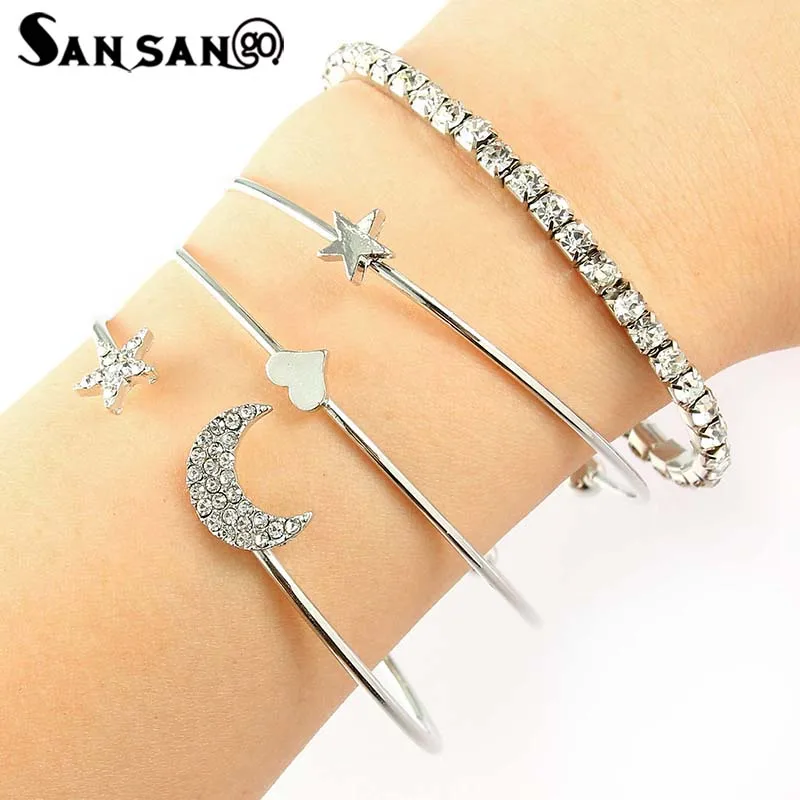 

Fashion Simple Silver Color Heart Star Moon Shiny Open Bracelet Crystal Elastic Bracelet Adjustable Four-piece For Women Girls