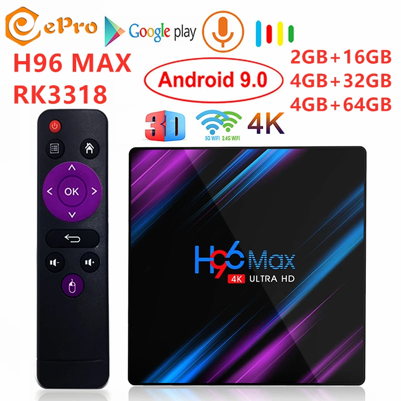

Android 9.0 H96 MAX Rockchip RK3318 TV Box 4K BT4.0 4GB RAM 32GB ROM H96 Max RK3318 Set Up Box 2.4G/5G WiFi USB3.0 H96 MAX TVBox