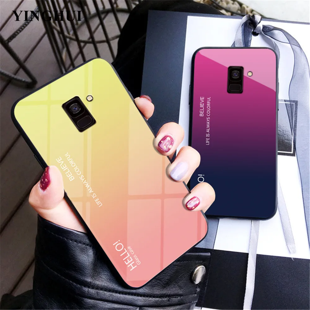 Градиентный чехол из закаленного стекла для Samsung J4 J6 J8 A6 Plus 2018 Note 9 S8 S9 S7 чехлы с