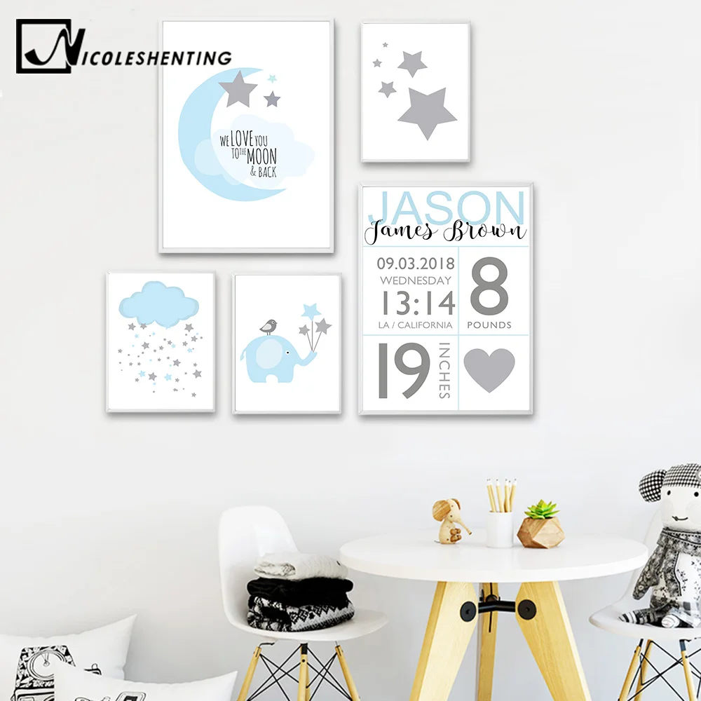 

NICOLESHENTING Birth Stats Custom Posters Cartoon Nursery Canvas Art Prints Painting Wall Picture Nordic Kids Bedroom Decoration