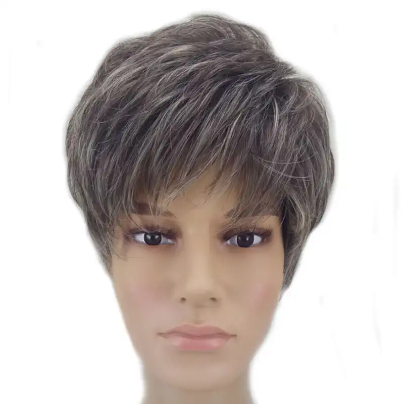 Hairjoy Synthetic Hair Grey Brown Mixed Short Cut Straight Pixie Hairstyle Wig High Temperature Fiber 3 Colors Available