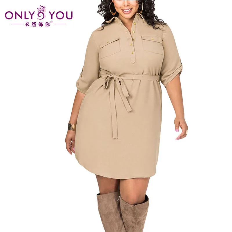 ONLY YOU Casual British Style Plus Size Office Dress 2017 Summer Khaki
