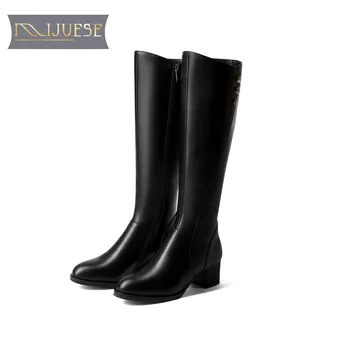 

MLJUESE 2018 women knee high boots cow leather rivets pearls winter boots slip on short plush high boots size 34-43 high boots