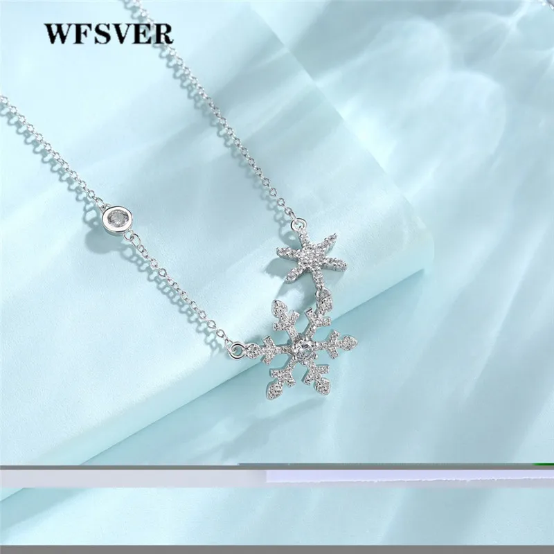

WFSVER 925 Sterling Silver Necklace For Women Snowflake Shape White Crystal Pendant Necklace Korea Style Fine Jewelry Present