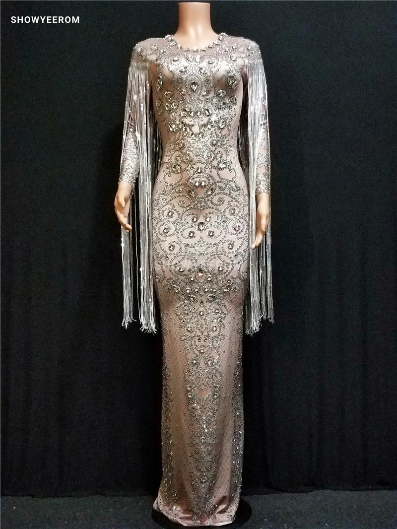 

Fashion sequins Fringes Dress Women Sexy Tassel Rhinestones Costume One-Piece Dress Female Birthday Celebrate Long Dress
