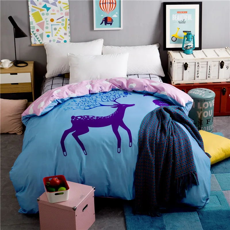 

Fashion Purple Deer Pattern 100% Cotton Duvet Cover Printed Colored Flowers Quilt Cover For Bed 220/240 Full King Queen Size