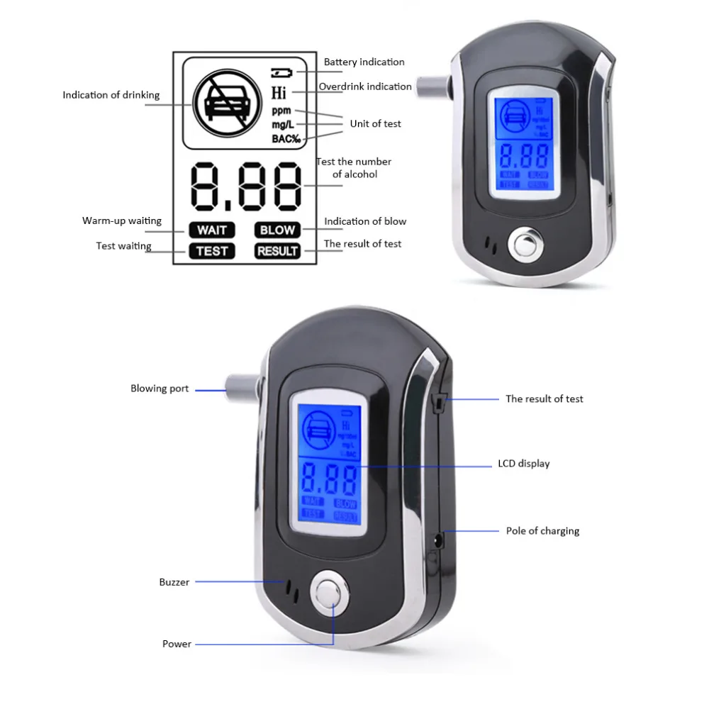 

Professional Digital Breath Alcohol Tester Breathalyzer with LCD Dispaly with 5 Mouthpieces AT6000 Hot Selling Drop Shipping
