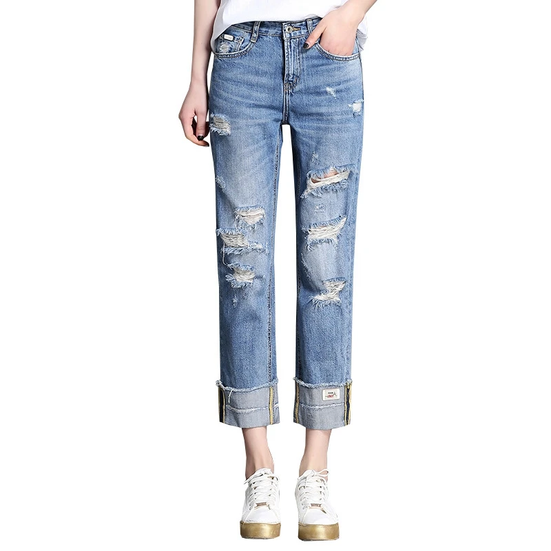 

Fashion Hole Straight Pants Loose Jeans Women Cuffs Ankle Length Pants 2017 Spring Summer Casual Jeans For Women Plus Size W0671